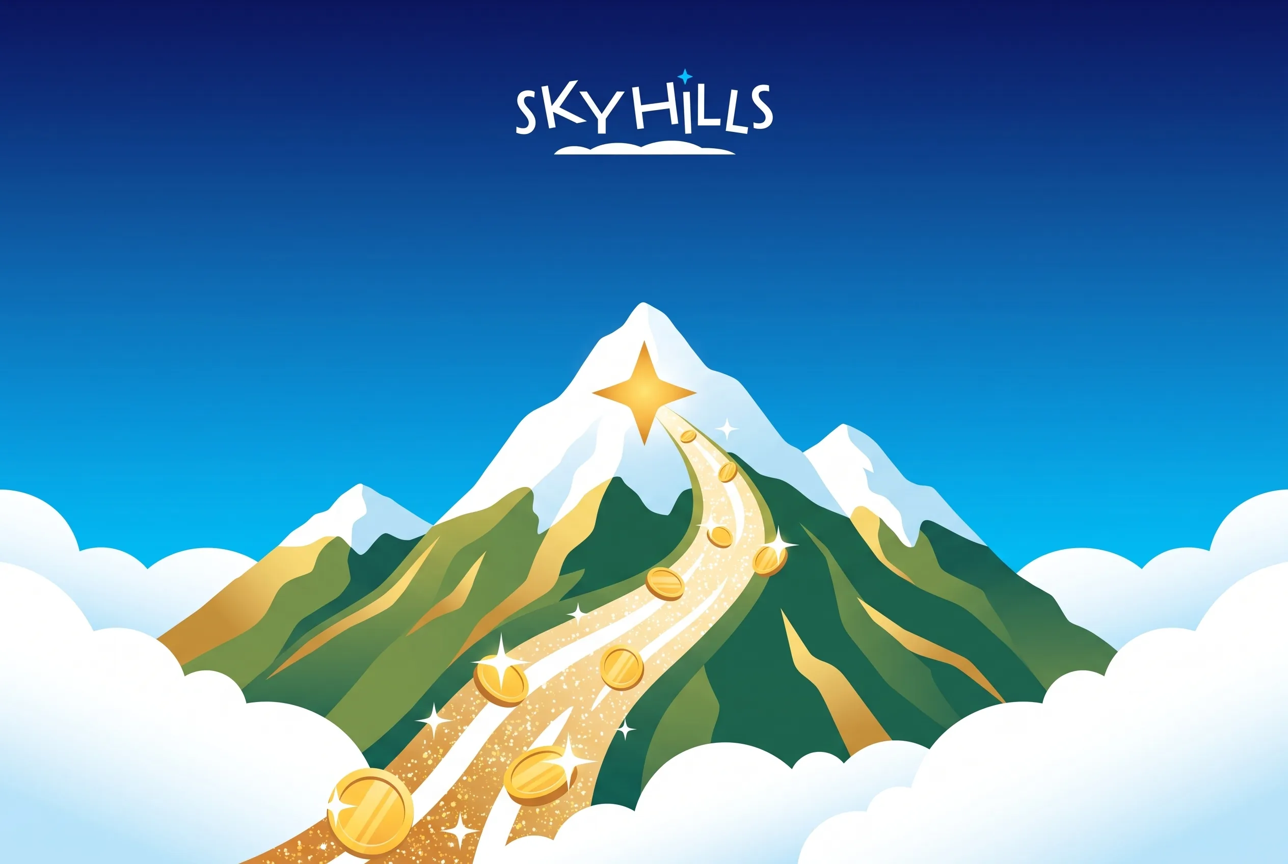 Złota droga z monetami prowadząca na górski szczyt SkyHills